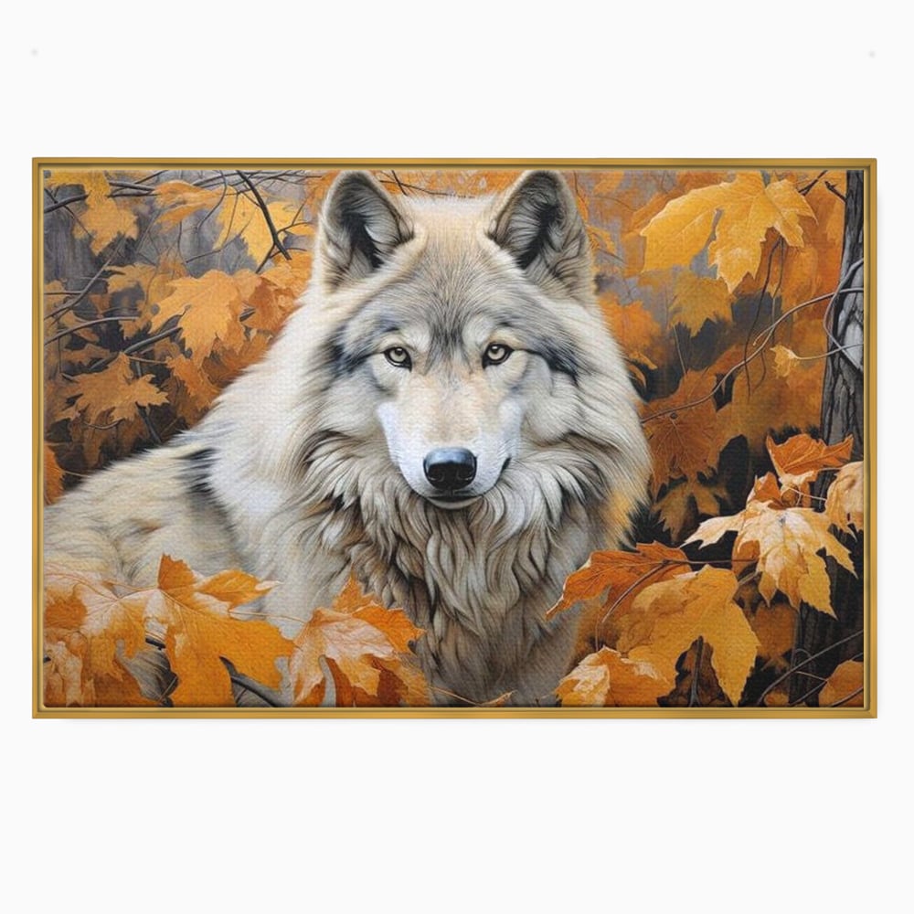 Tablou canvas cu tablou canvas cu lup in toamna, in rama de aluminiu auriu